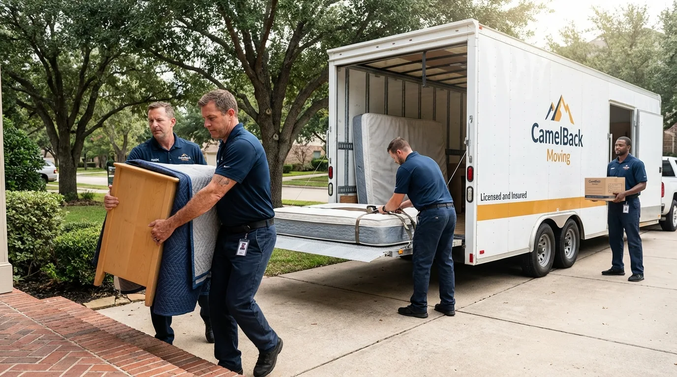 Crew loading residential truck for cross-state move from Winnebago, MN