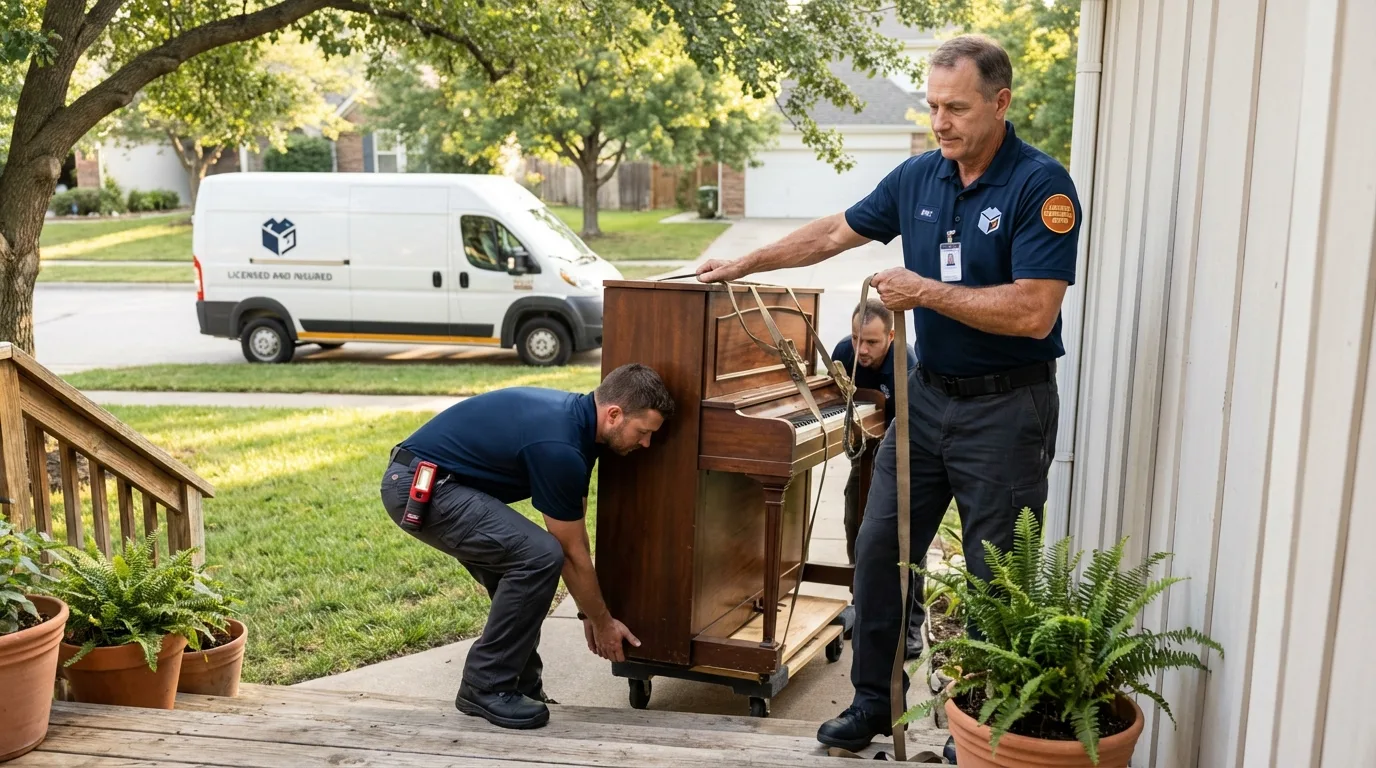 Licensed piano movers securing grand piano in Winnebago, MN