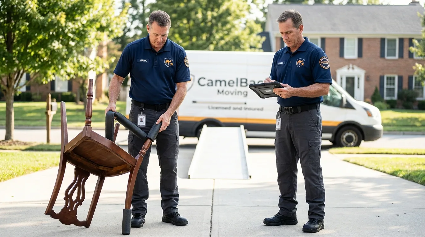 Movers inspecting furniture for damage prevention before loading in Winnebago, MN